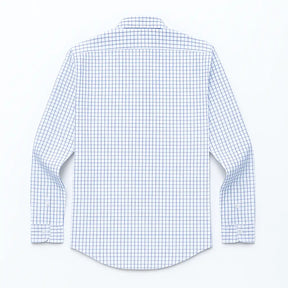 camisa social masculina slim fit branca com padrão xadrez azul em algodão, manga longa, gola estruturada