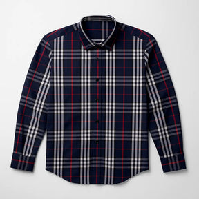 camisa social masculina slim fit azul marinho com padrão xadrez vermelho e branco em algodão, manga longa, gola estruturada e botões escuros