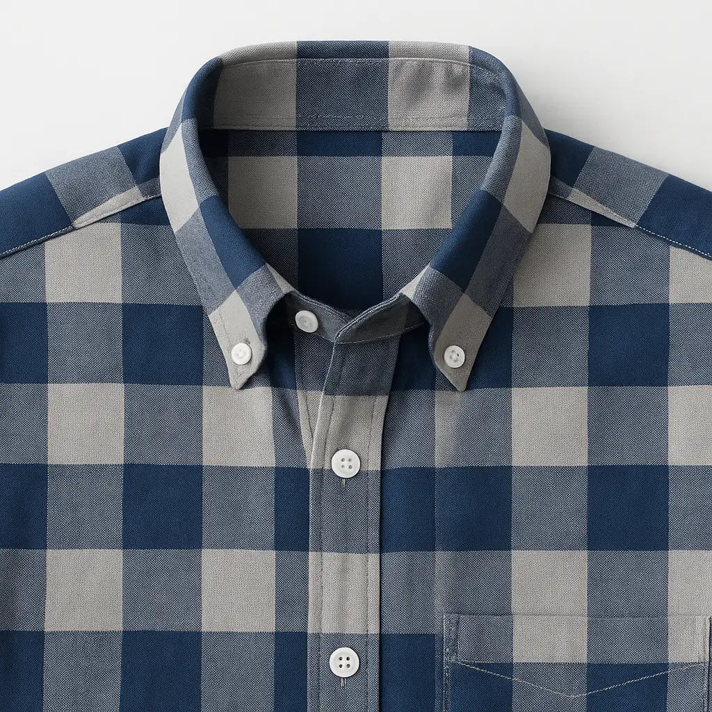 Camisa masculina xadrez slim fit em algodão premium, manga longa, azul e cinza, estilo casual moderno.