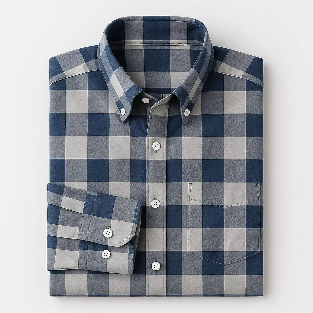 Camisa masculina xadrez slim fit em algodão premium, manga longa, azul e cinza, estilo casual moderno.