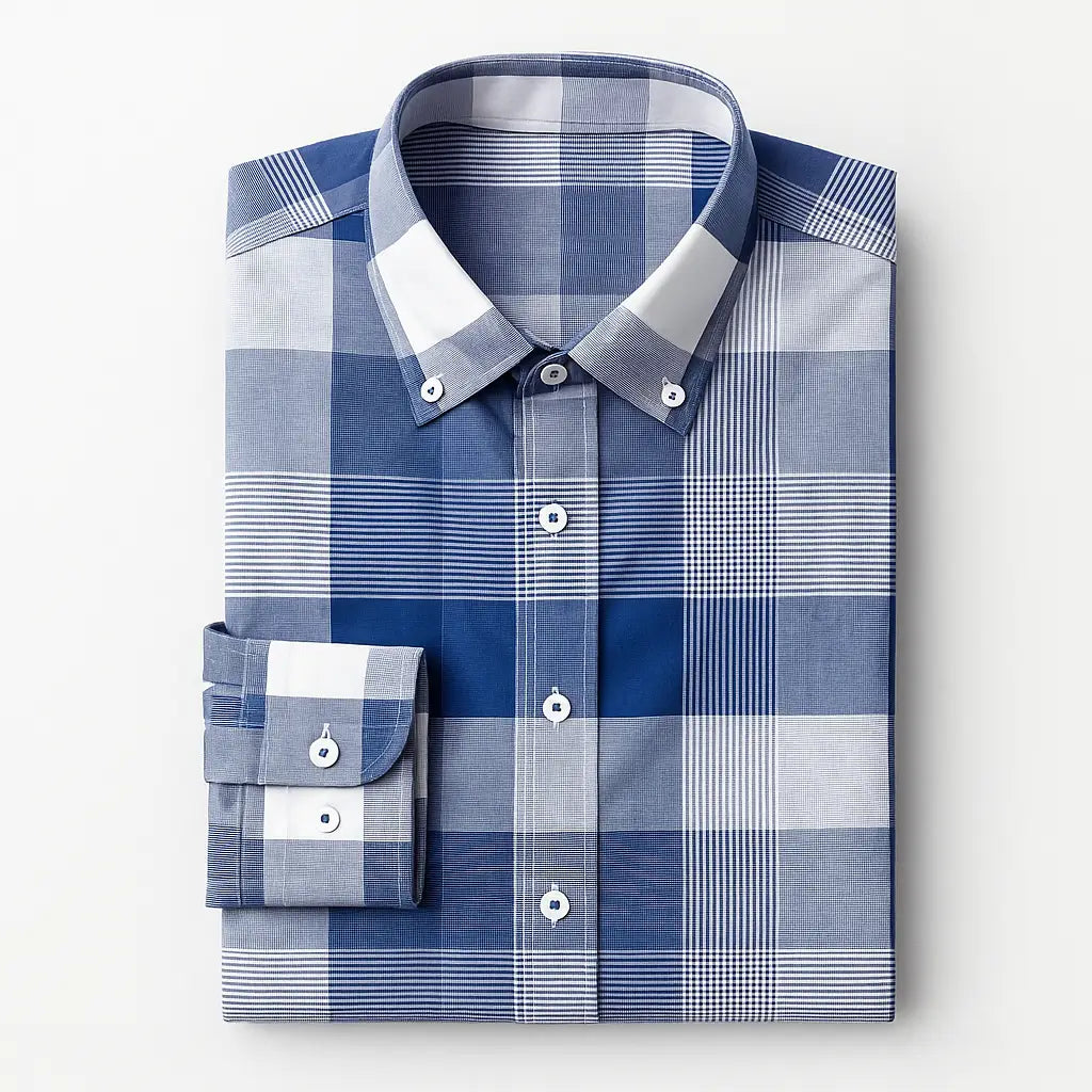 Camisa masculina Oxford xadrez slim fit em algodão premium, manga longa, azul e branco, estilo casual elegante.