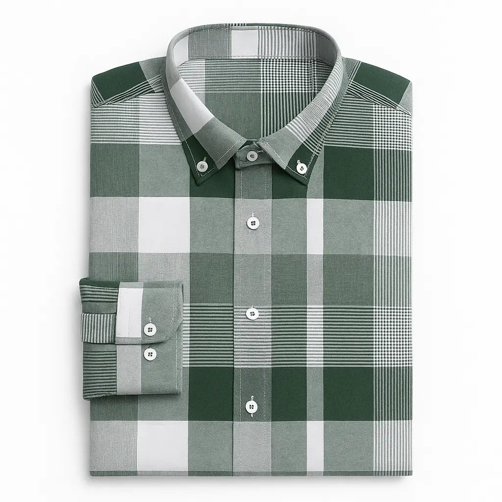 Camisa masculina Oxford xadrez slim fit em algodão premium, manga longa, verde e branco, estilo casual elegante.