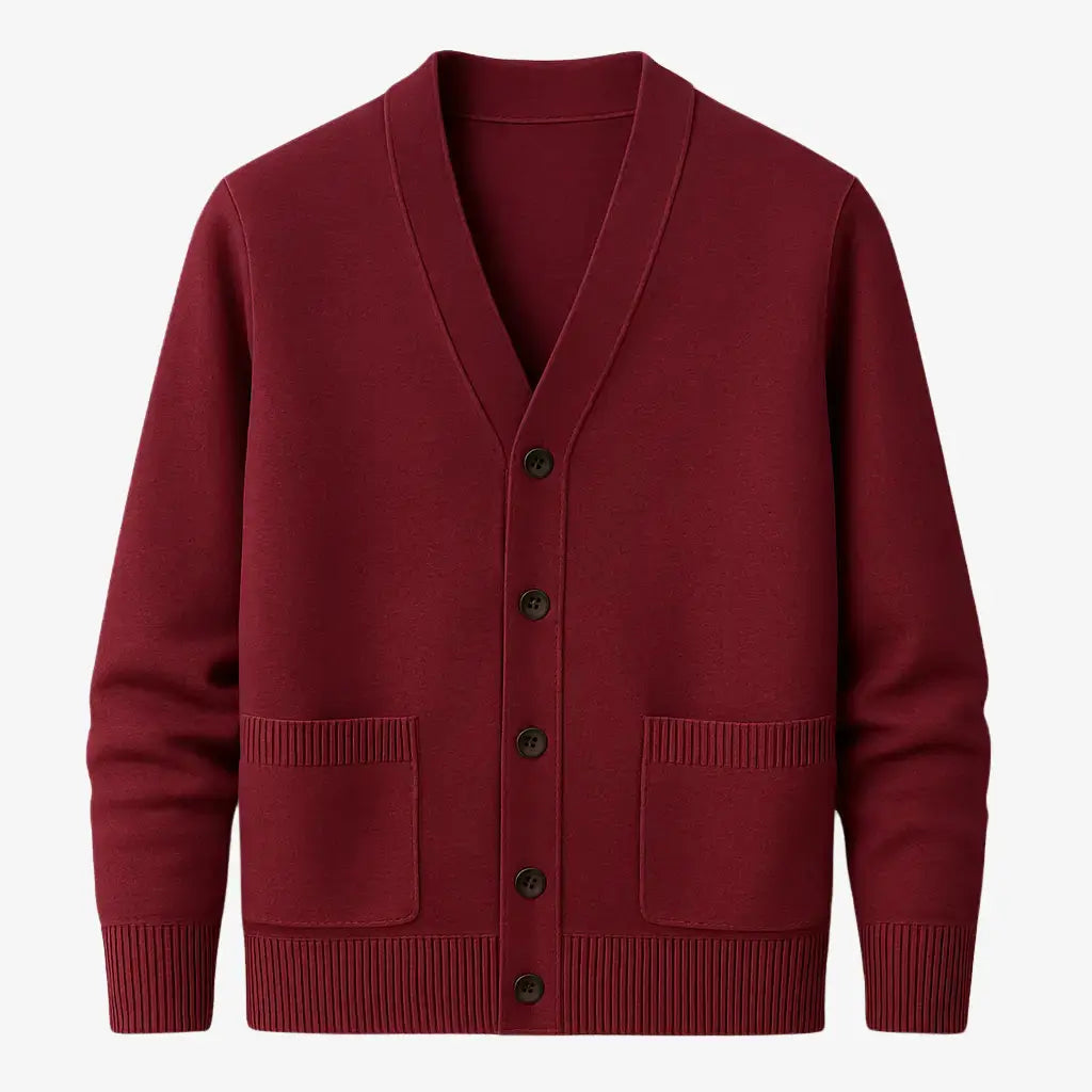 Cardigan masculino clássico vinho com gola V e botões. Ideal para looks elegantes e confortáveis no outono e inverno.
