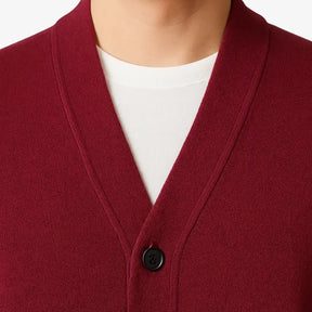 Cardigan masculino clássico vinho com gola V e botões. Ideal para looks elegantes e confortáveis no outono e inverno.