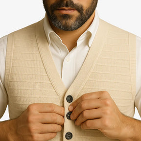 Colete masculino em tricô com gola V e botões. Toque macio e elegante, ideal para sobrepor camisas nos dias frescos de primavera e outono.