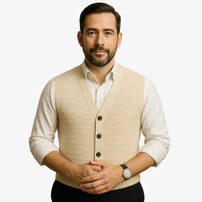 Colete masculino em tricô com gola V e botões. Toque macio e elegante, ideal para sobrepor camisas nos dias frescos de primavera e outono.