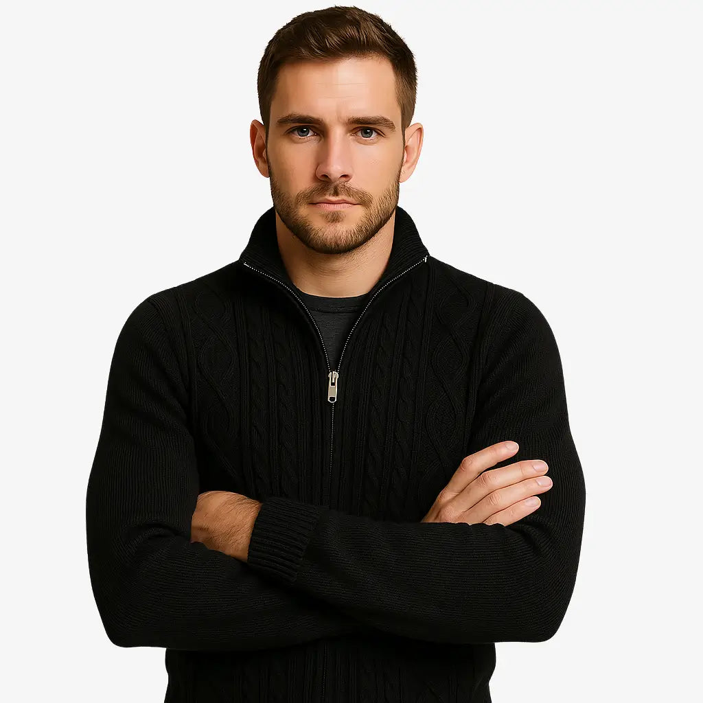 Cardigan masculino com zíper em lã texturizada. Estilo moderno e elegante para o inverno. Conforto térmico e caimento impecável.