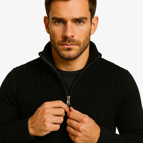 Cardigan masculino com zíper em lã texturizada. Estilo moderno e elegante para o inverno. Conforto térmico e caimento impecável.