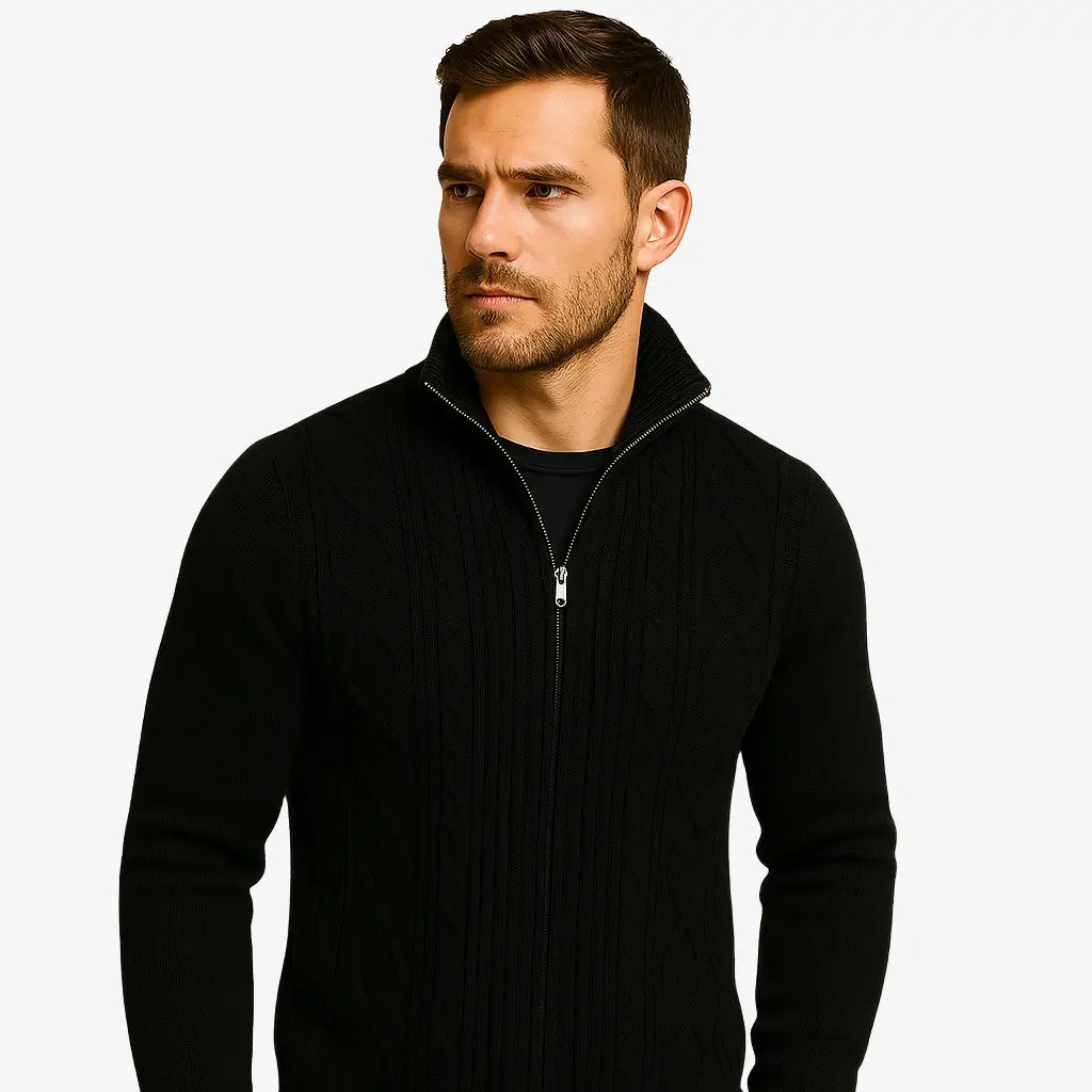 Cardigan masculino com zíper em lã texturizada. Estilo moderno e elegante para o inverno. Conforto térmico e caimento impecável.