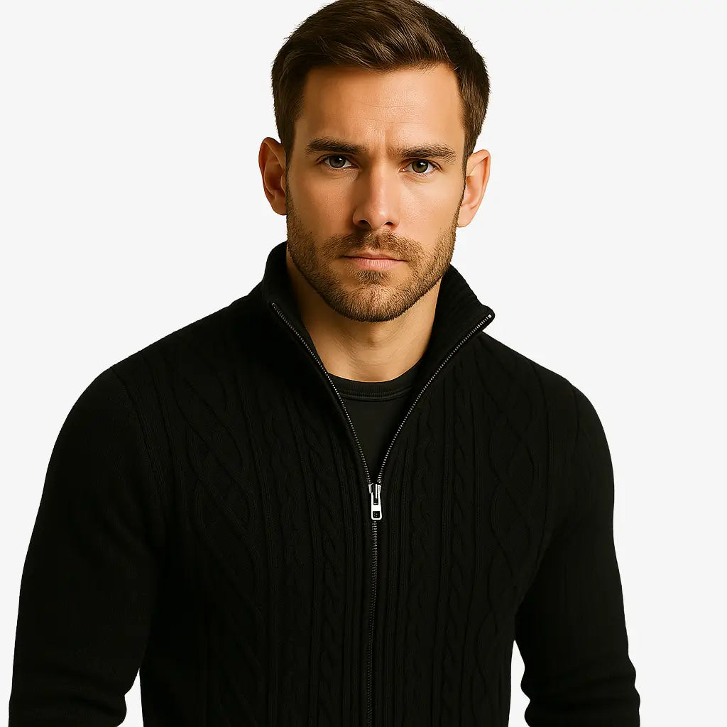 Cardigan masculino com zíper em lã texturizada. Estilo moderno e elegante para o inverno. Conforto térmico e caimento impecável.