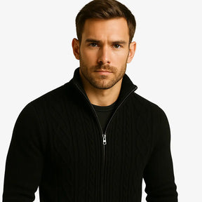 Cardigan masculino com zíper em lã texturizada. Estilo moderno e elegante para o inverno. Conforto térmico e caimento impecável.