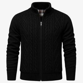Cardigan masculino com zíper em lã texturizada. Estilo moderno e elegante para o inverno. Conforto térmico e caimento impecável.