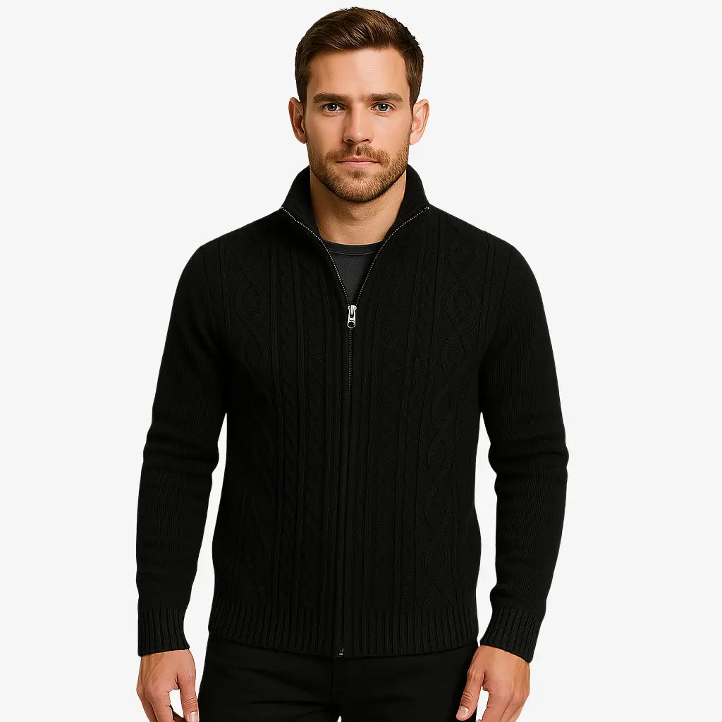 Cardigan masculino com zíper em lã texturizada. Estilo moderno e elegante para o inverno. Conforto térmico e caimento impecável.