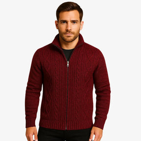 Cardigan masculino com zíper em lã texturizada. Estilo moderno e elegante para o inverno. Conforto térmico e caimento impecável.