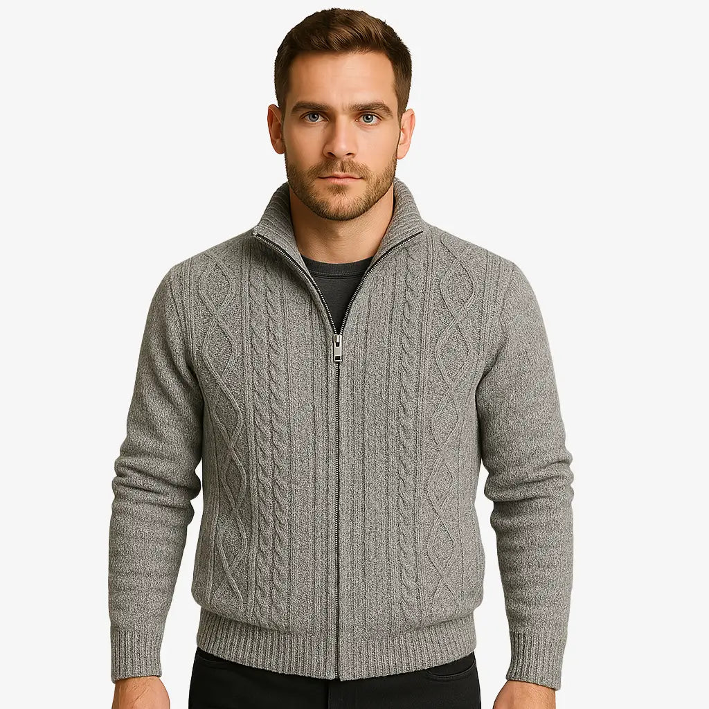 Cardigan masculino com zíper em lã texturizada. Estilo moderno e elegante para o inverno. Conforto térmico e caimento impecável.