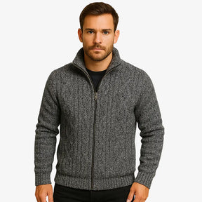 Cardigan masculino com zíper em lã texturizada. Estilo moderno e elegante para o inverno. Conforto térmico e caimento impecável.