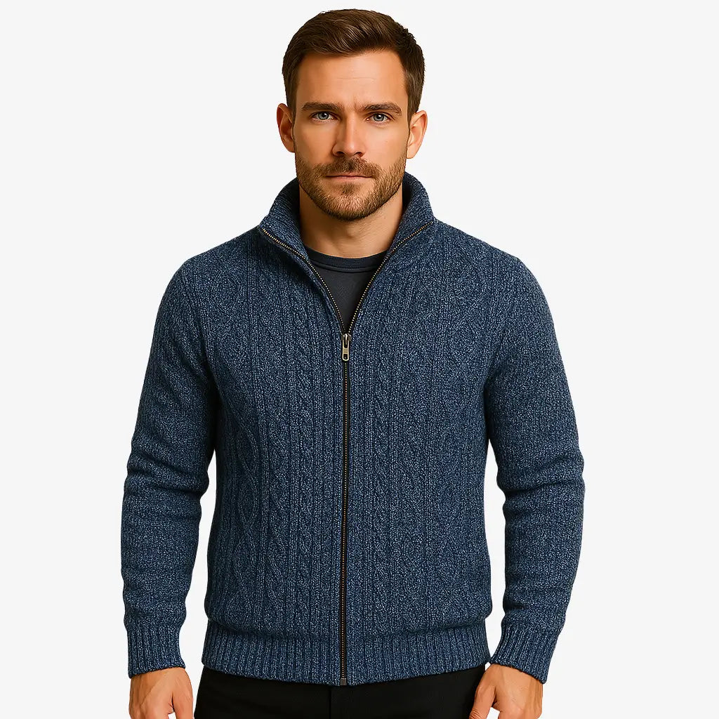 Cardigan masculino com zíper em lã texturizada. Estilo moderno e elegante para o inverno. Conforto térmico e caimento impecável.