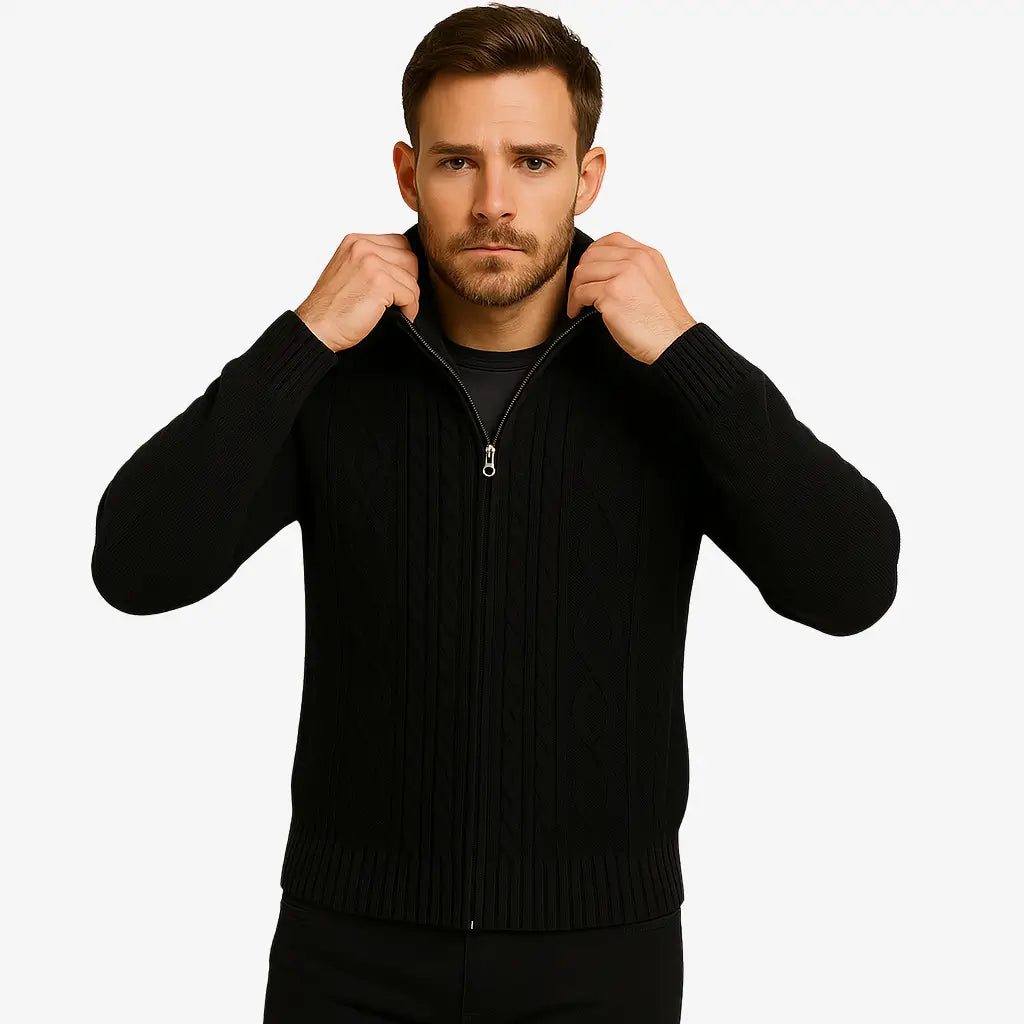 Cardigan masculino com zíper em lã texturizada. Estilo moderno e elegante para o inverno. Conforto térmico e caimento impecável.