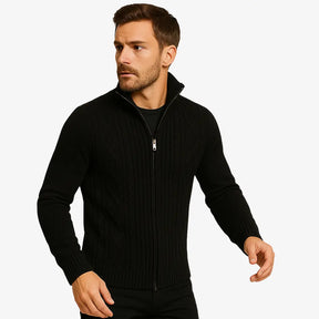 Cardigan masculino com zíper em lã texturizada. Estilo moderno e elegante para o inverno. Conforto térmico e caimento impecável.