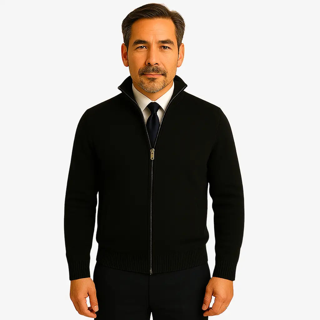 Cardigan masculino com zíper e gola alta. Elegante e versátil, ideal para outono e inverno. Conforto térmico com estilo refinado.