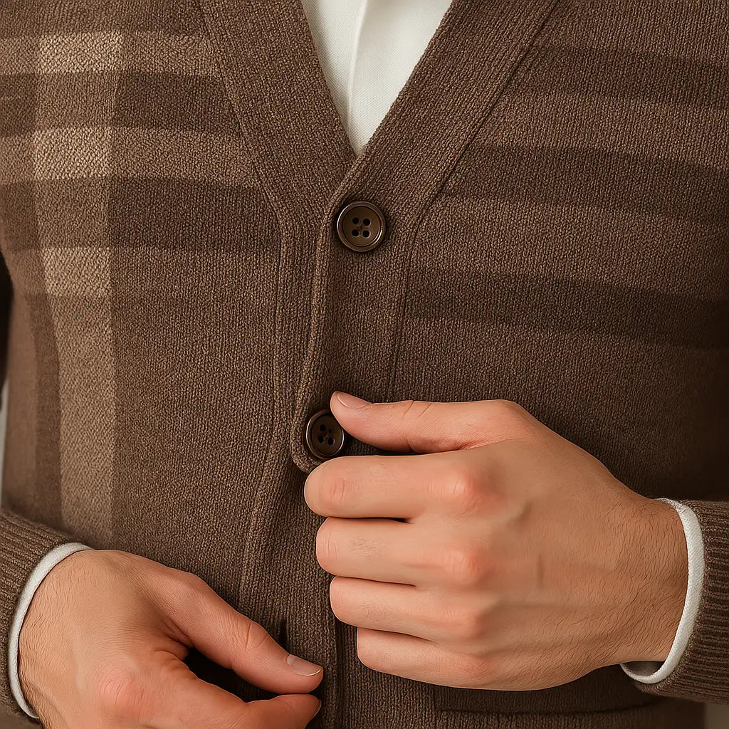 Cardigan masculino xadrez com gola V e botões. Estilo inglês refinado para dias frios. Ideal para looks casuais e elegantes.