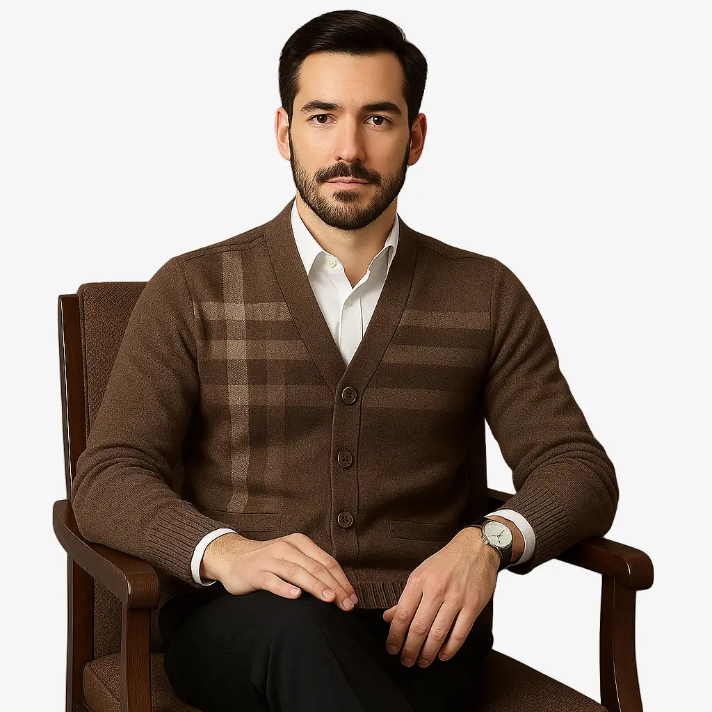 Cardigan masculino xadrez com gola V e botões. Estilo inglês refinado para dias frios. Ideal para looks casuais e elegantes.