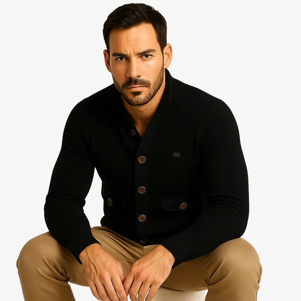 Modelo masculino usando cardigan preto de botão com bolsos frontais, estilo social casual, calça chino bege. Ideal para outono/inverno