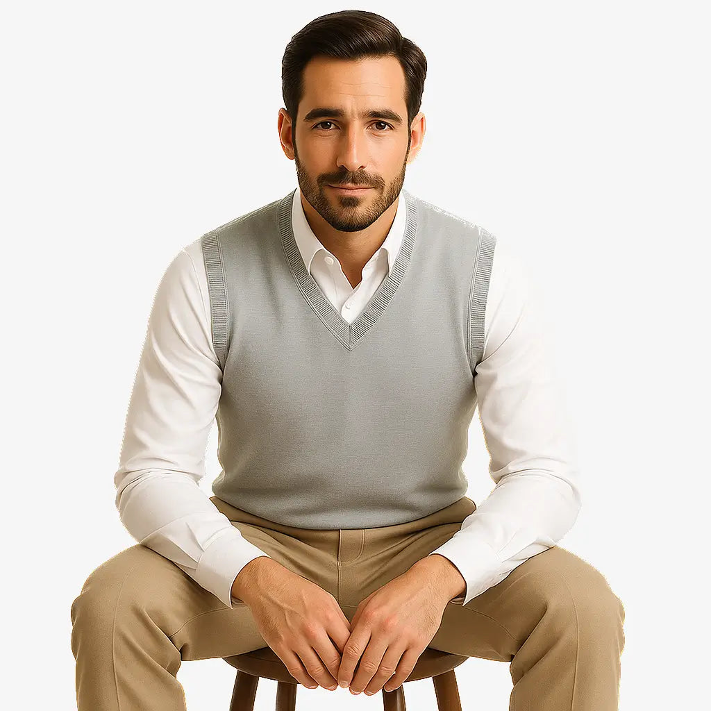 Homem usando colete masculino tricot slim cinza com gola V sobre camisa preta. Peça leve e elegante para dias de frio moderado.