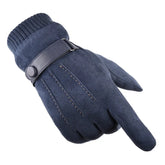 Luva Masculina Bergen azul marinho em suede premium com detalhe em fivela e proteção térmica para inverno.
