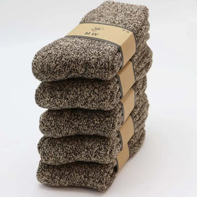 Kit com 5 pares de meias masculinas térmicas grossas em lã e cashmere nas cores bege, cinza e azul para inverno.