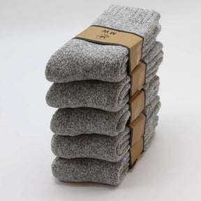 Kit com 5 pares de meias masculinas térmicas grossas em lã e cashmere nas cores bege, cinza e azul para inverno.