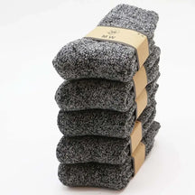 Kit com 5 pares de meias masculinas térmicas grossas em lã e cashmere nas cores bege, cinza e azul para inverno.