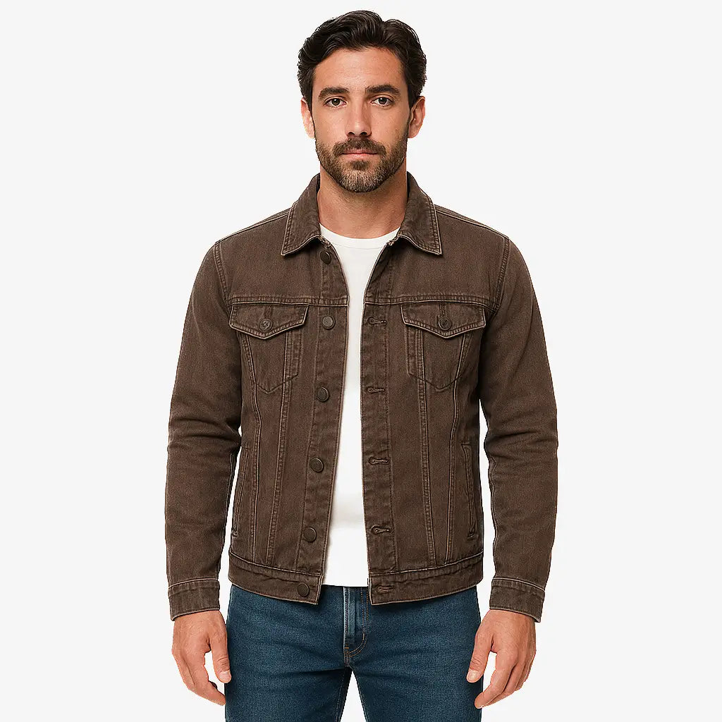 Homem vestindo jaqueta jeans masculina marrom com botões, bolsos frontais e gola tradicional, combinada com camiseta branca e calça jeans azul.