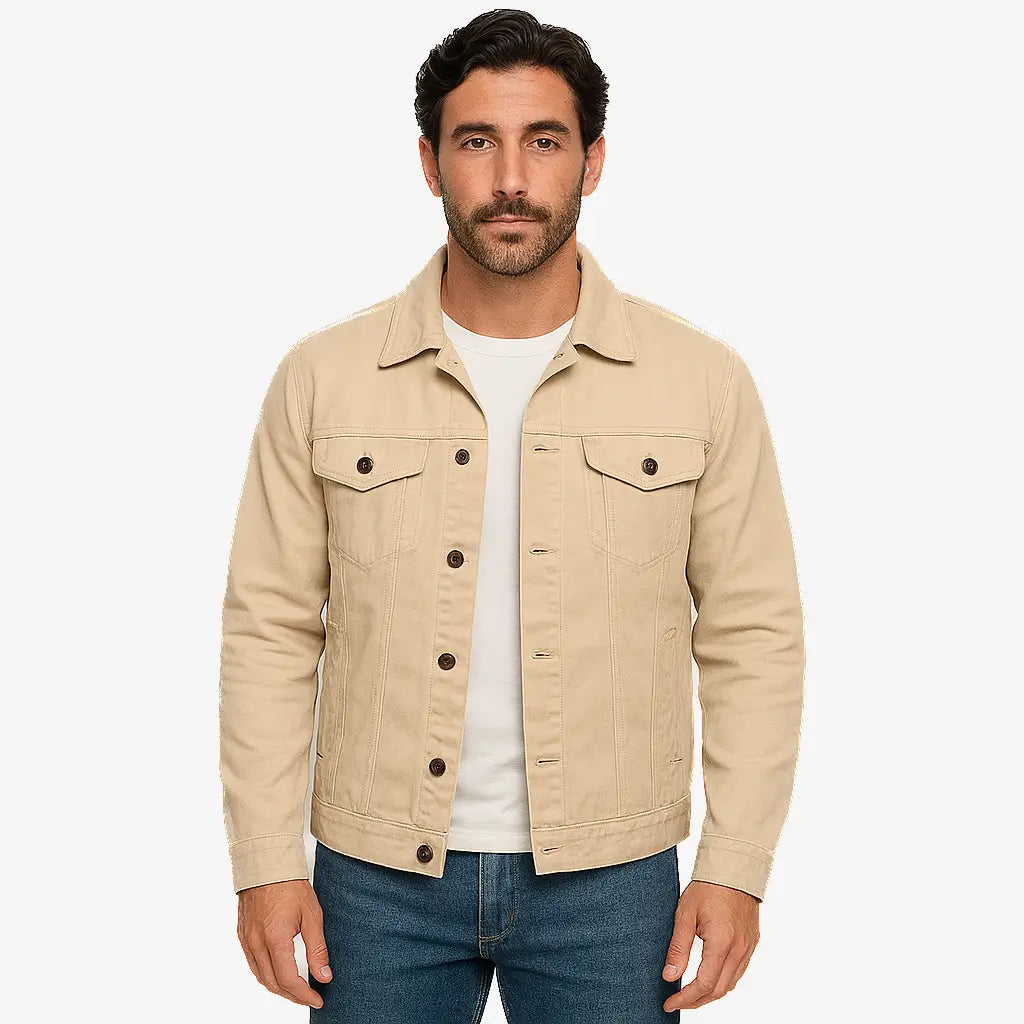 Homem vestindo jaqueta jeans masculina bege com botões, bolsos frontais e gola tradicional, combinada com camiseta branca e calça jeans azul.