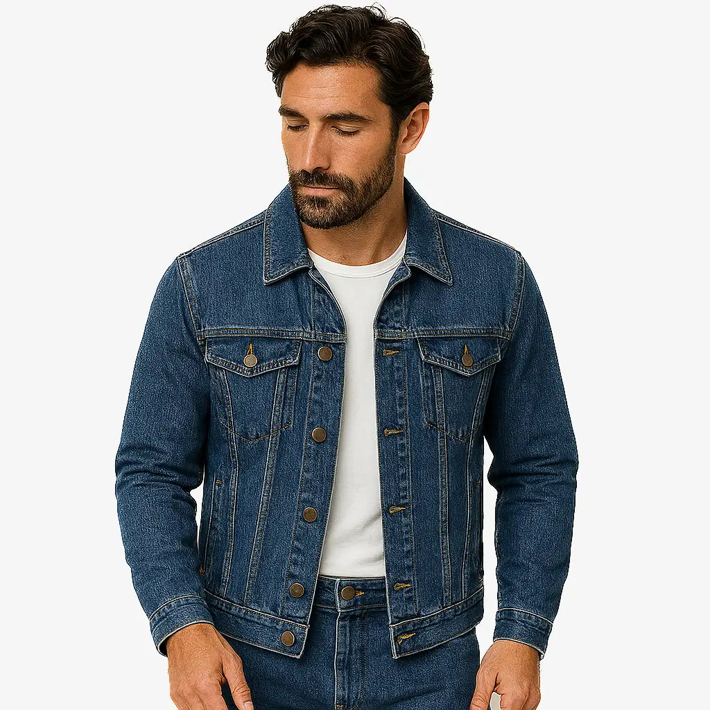 Homem vestindo jaqueta jeans masculina azul jeans com botões, bolsos frontais e gola tradicional, combinada com camiseta branca e calça jeans azul.