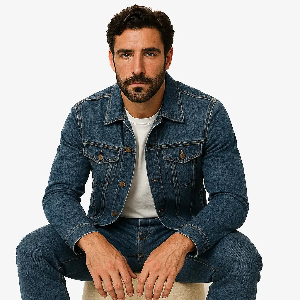 Homem vestindo jaqueta jeans masculina azul jeans com botões, bolsos frontais e gola tradicional, combinada com camiseta branca e calça jeans azul.