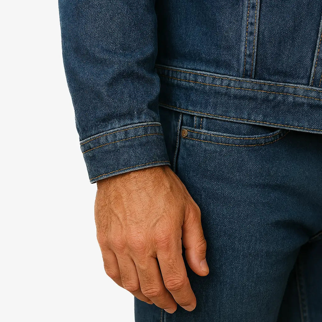 Homem vestindo jaqueta jeans masculina azul jeans com botões, bolsos frontais e gola tradicional, combinada com camiseta branca e calça jeans azul.