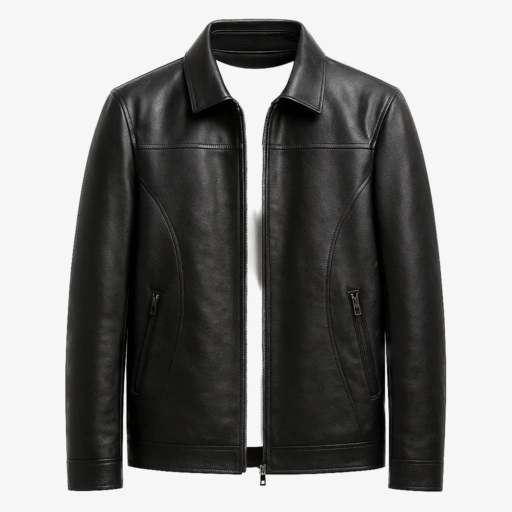  jaqueta preta masculina em couro  com bolsos e zíper