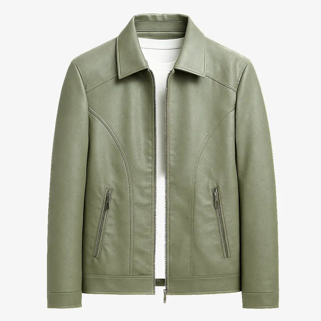  jaqueta verde masculina em couro  com bolsos e zíper