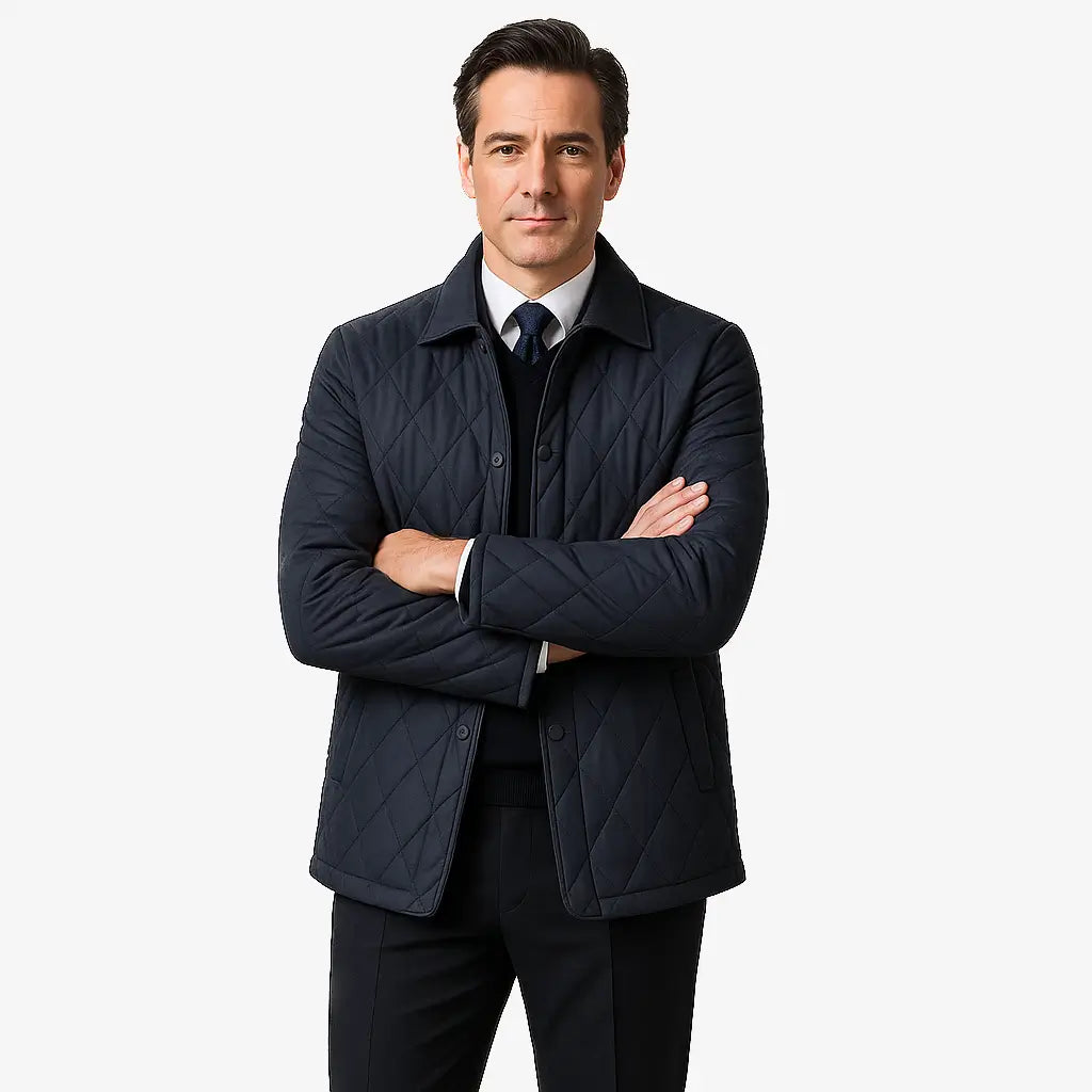 Homem vestindo jaqueta masculina azul marinho matelassada de inverno com corte executivo