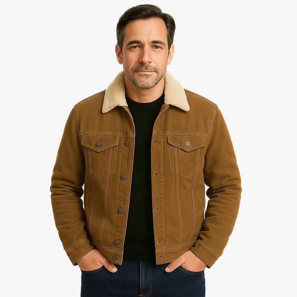 Homem vestindo jaqueta masculina marrom em veludo cotelê com gola forrada de lã