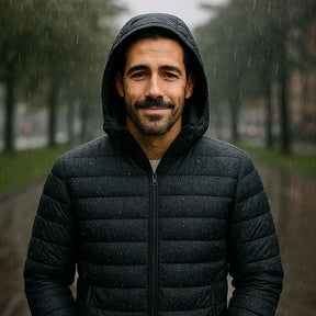 Homem vestindo jaqueta puffer masculina preta com capuz, impermeável e com zíper frontal, ideal para o inverno.