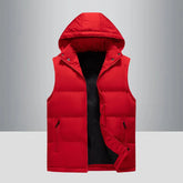 colete masculino puffer vermelho com capuz e zíper frontal estilo moderno e quente para inverno