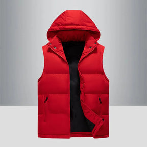 colete masculino puffer vermelho com capuz e zíper frontal estilo moderno e quente para inverno