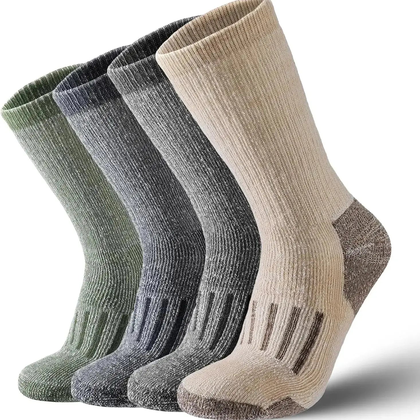 Kit com 4 pares de meias térmicas masculinas em lã merino cinza modelo grosso respirável para inverno e caminhadas.