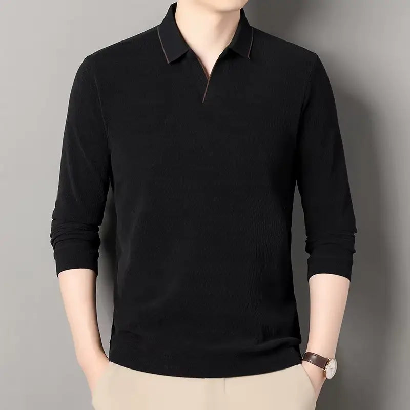 camisa polo masculina de tricot manga longa com tecido macio e elegante exibindo textura do knitwear