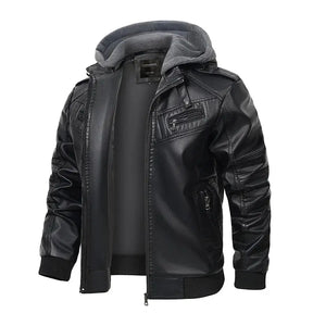 jaqueta masculina preta estilo couro biker com capuz removível e zíper moderna