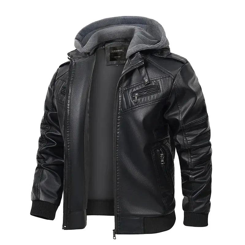 jaqueta masculina preta estilo couro biker com capuz removível e zíper moderna