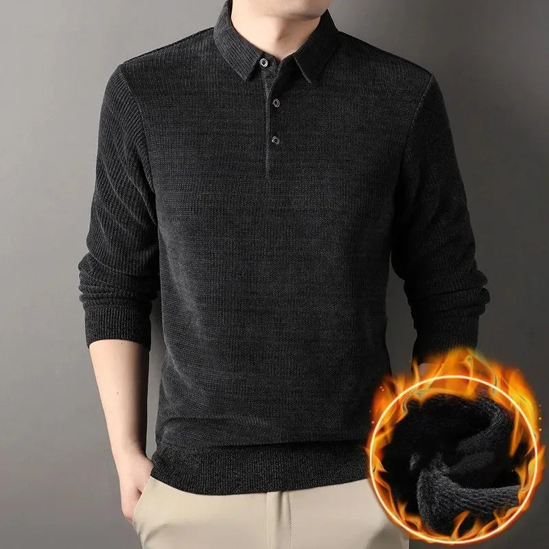 suéter masculino polo preto fleece interno inverno elegante quente confortável