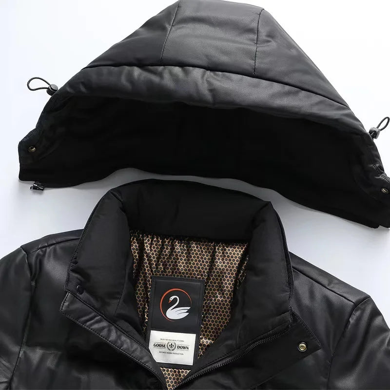 Jaqueta masculina preta térmica com pluma de ganso 90% e capuz removível, modelo acolchoado para frio intenso